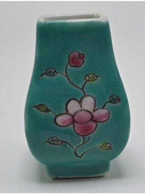 Miniature Hand Painted Floral Turquoise Ceramic Vase Ornament Collectible Decor